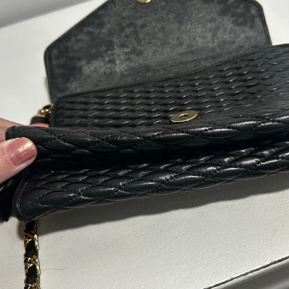 Vintage French Evening bag Pierre Balmain Black Leather Quilted Gold Strap Purse